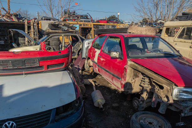 car parts at open air junkyard and used spare parts market in Kudaybergen, Bishkek, Kyrgyzstan - November 10, 2022